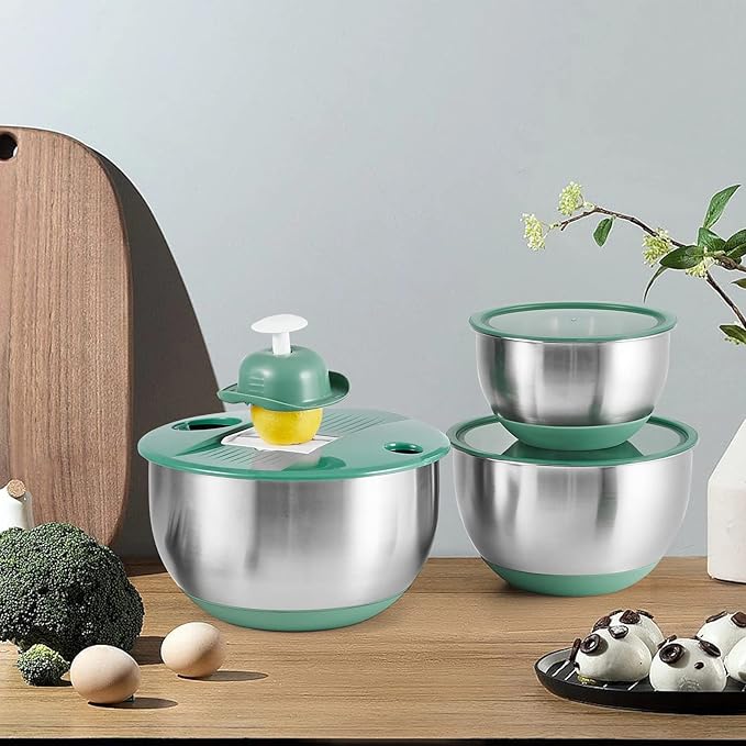 Mixing Bowls Set of 3 Stainless Steel Bowl with Lids Set, Nesting Bowls with Graters Airtight Lids for Cooking, Baking, Prepping(Green)