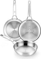 BRA COOKWARE Signature 3 Frying Pan Set | 8 + 9.5 + 11 inches Professional Skillet | Stainless Steel Frypan | All Stovetop Compatible Skillet | PFOA Free | w/o Non-Stick Coating | Polished Finish