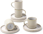 famiware Star Espresso Cups and Saucers Set of 4, [ Mini ] 3 oz Ceramic Small Coffee Mug with Handle, Ribbed Stoneware Demitasse Cup for Tea, Latte - Microwave & Dishwasher Safe - Cappuccino White