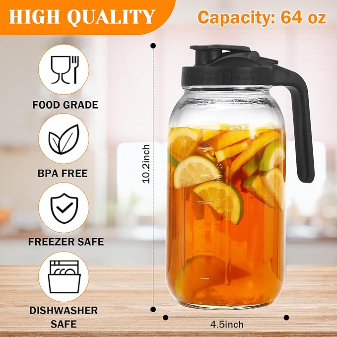 2 Pack Glass Pitchers with Lid, 64 oz Sun Tea Pitcher, Half Gallon Mason Jar Pitcher with Wide Mouth Airtight Lid for Ice Tea, Cold Brew Coffee, Fridge Water, Milk, Juices, Leak Proof Water Jug