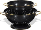 Metal Colander 2 Pack, 3.5 Quart Powder Coated Self-draining Solid Ring Base Metal Large Kitchen Pasta Vegetable Fruit Strainer with Handle (L-BLACK)