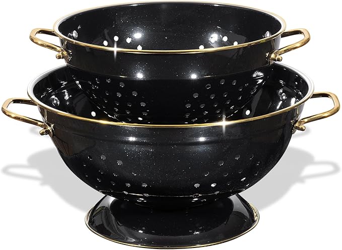 Metal Colander 2 Pack, 3.5 Quart Powder Coated Self-draining Solid Ring Base Metal Large Kitchen Pasta Vegetable Fruit Strainer with Handle (L-BLACK)
