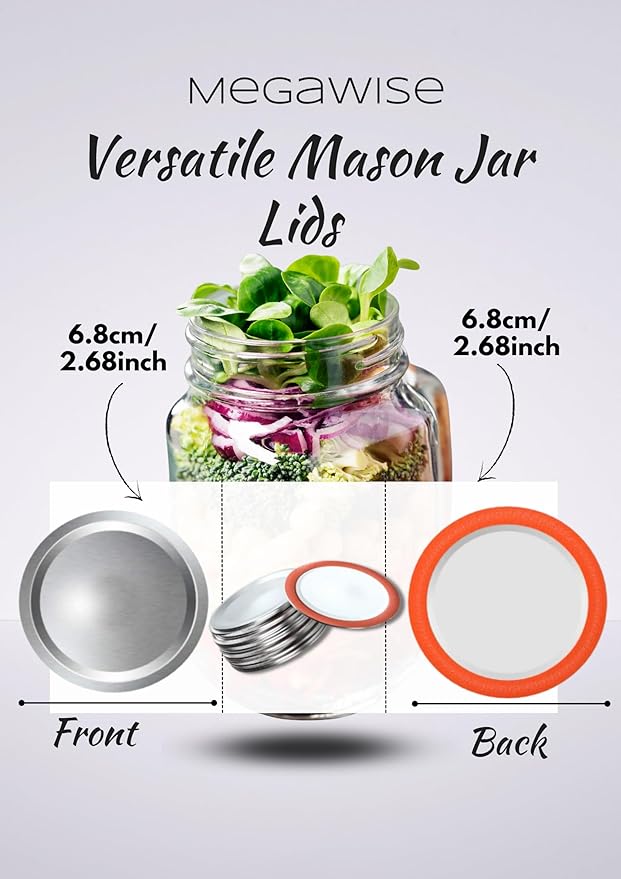 MegaWise Reusable Regular Mouth Canning Lids for Ball, Kerr Jars - Split-Type Metal Mason Jar Lids for Canning - Food Grade Material, 100% Fit & Airtight for Regular Mouth Jars, Silver/70 MM,10 Count
