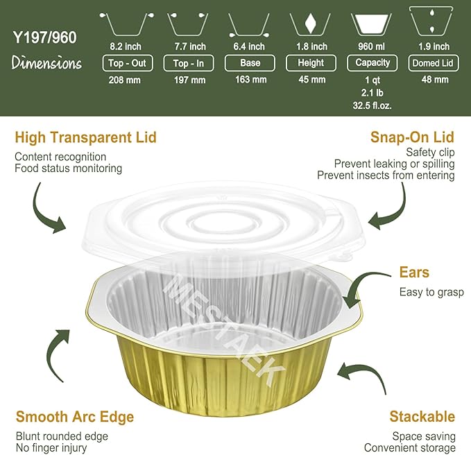 7.8" Aluminum Foil Pans with Integrated Handles and Snap-On Lids (5 pcs) | 2X Thickness Heavy-Duty Reusable Tin for Baking and Cooking