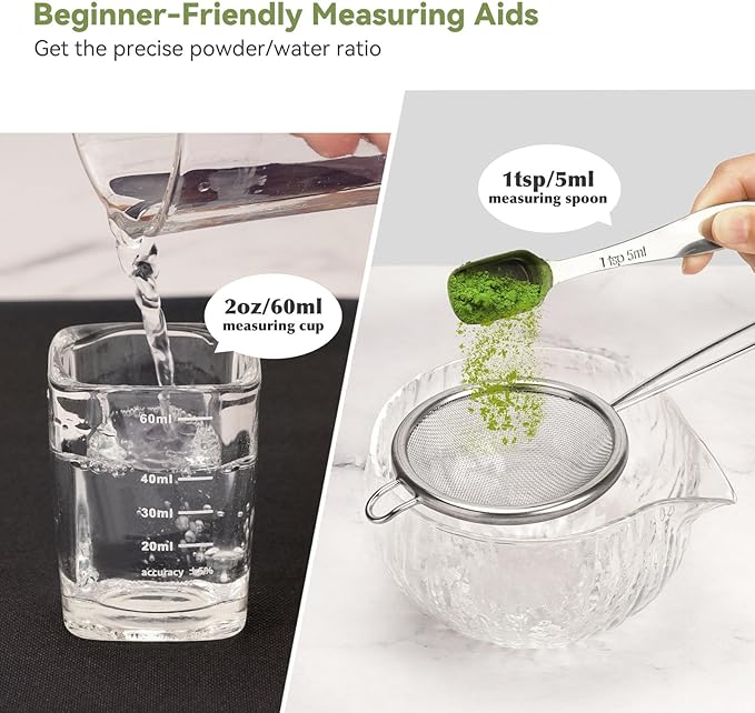 10-Pcs Matcha Whisk Set Kit, Whisk and Bowl with Spout & Measuring Spoon & Cup, Japanese Matcha Tea Making Tools, Transparent Textured Glass