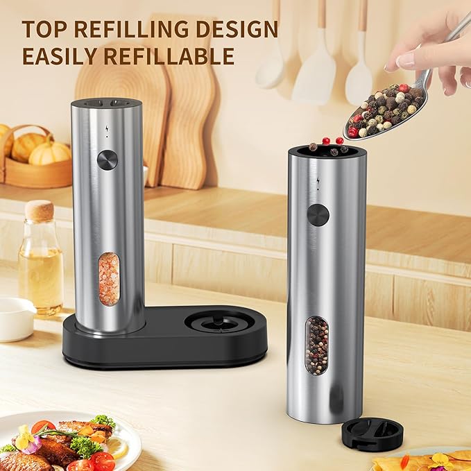 Electric Salt and Pepper Grinder Set with Charging Base，Stainless Steel Automatic Pepper Grinder Set Top-Refill, Flexible Coarsenes, 110ml Larger Capacity with LED Light for Home Kitchen (2 pack)