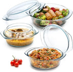NUTRIUPS Round Glass Casserole Dish Set, Glass Casseroles Cookware with Lid, Set of 3 (1L, 1.4L, 1.7L)