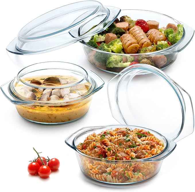 NUTRIUPS Round Glass Casserole Dish Set, Glass Casseroles Cookware with Lid, Set of 3 (1L, 1.4L, 1.7L)