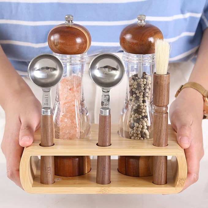KKC HOME ACCENTS Wooden Salt and Pepper Grinder set with Spoons and Brush,Salt and Pepper Mill set,8 inch,Refillable Adjustable Coarseness Fine to Coarse