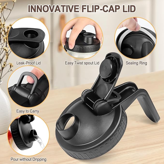 64 OZ Mason Jars with Lid, Glass Pitcher Double Leak Proof with Pour Spout Handle, 2 Quart Wide Mouth Breast Milk Pitcher for Fridge, Creamer Container for Coffee, Sun Tea(Black,1 Pack)