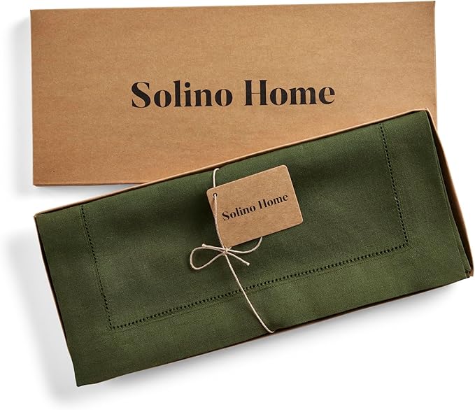 Solino Home Linen Table Runner 36 Inches - 100% Pure Linen Olive Hemstitch Table Runner 14 x 36 Inch Ideal for Dresser and Coffee Tables - Classic Hemstitch