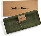 Solino Home Linen Table Runner 60 Inches - 100% Pure Linen Olive Hemstitch Table Runner 14 x 60 Inch Ideal for Dresser and Coffee Tables - Classic Hemstitch