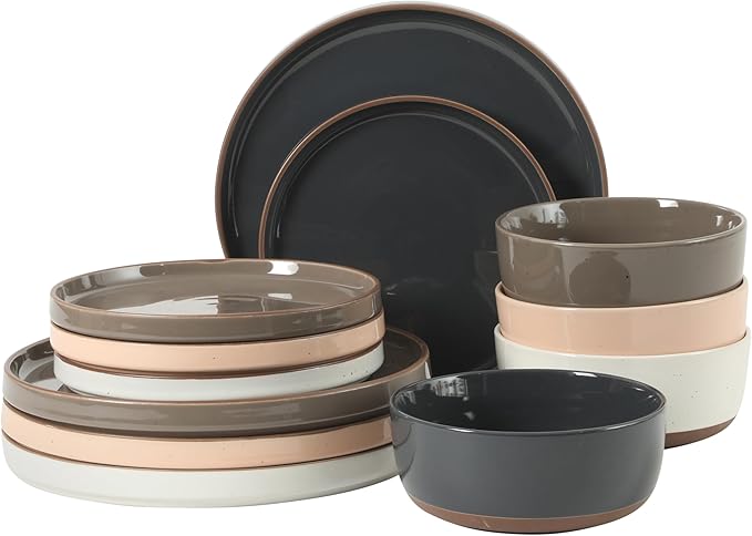 Gibson Elite Northrock Stoneware Dinnerware Set, 16-Piece Service for 4 Plates and Bowls Set – Assorted Colors Blue, White, Pink, Gray Dishes with Hand-Painted Terracotta Base