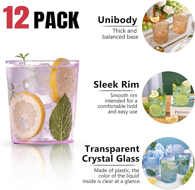 Liacere Color Plastic Drinking Glasses (Set of 12) 14 oz Color Reusable Plastic Glasses Colors，Kitchen Water Glasses Cup, Bar Tumbler Glassware Set for Beer, Juice, Cocktail, Whiskey, Milk