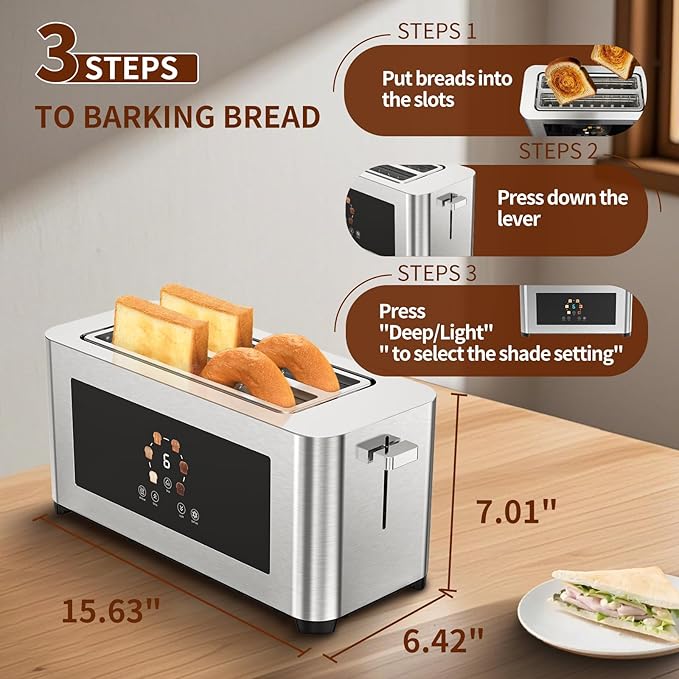 Touch Screen Smart Toaster 4 Slice, LCD Display, 1.6" Long Slot Toaster with 6 Shade Settings, Defrost, Reheat & Removable Tray, Wide Slot for Long Bread, Bagels, Waffles, 1300W, Stainless Steel