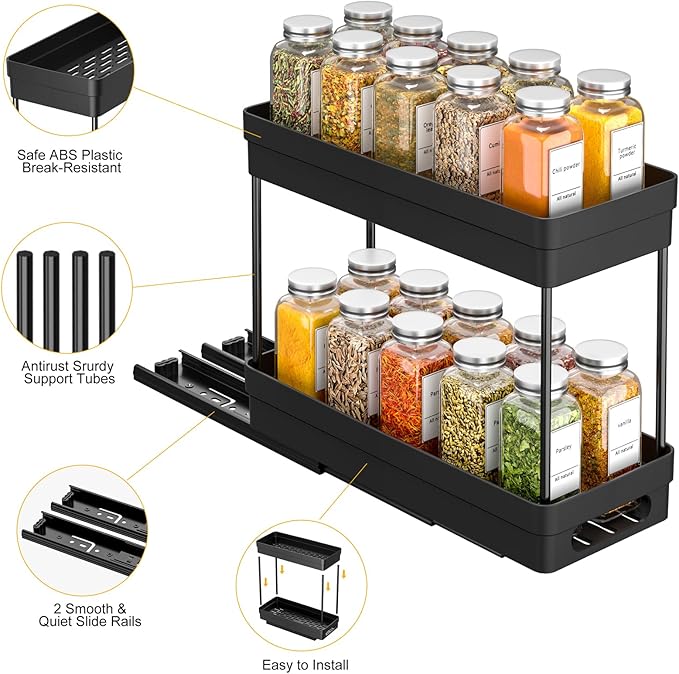 Pull Out Spice Rack Organizer for Cabinet,2-Tier Slide Out Spice Racks Organizer,Easy Installation Cabinet Organizer Seasoning Kitchen Organizer,4.4''Wx10.5''Dx8.26''H,3Pack