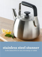 Sur La Table Kitchen Essentials Large 2 QT Heavy Gauge Brushed Stainless Steel Whistling Tea Kettle