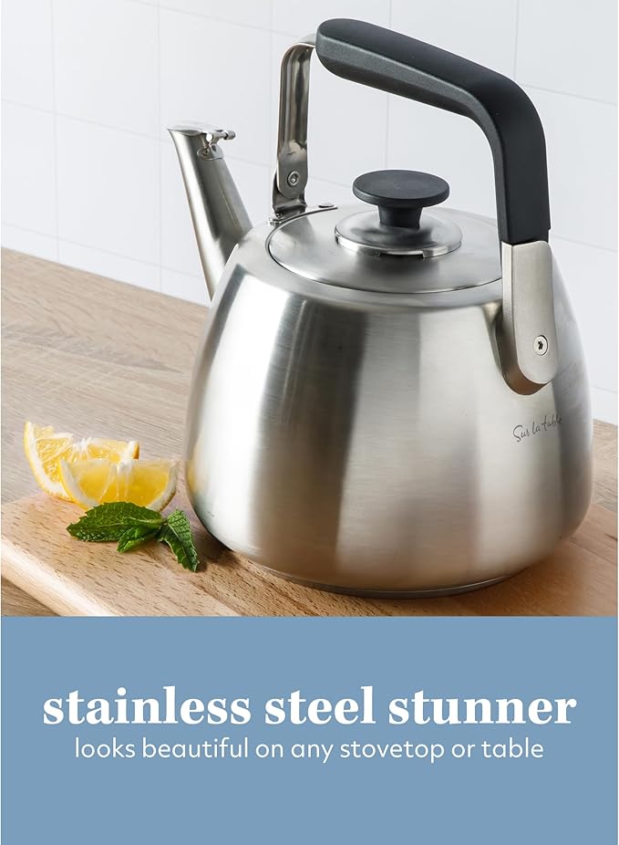 Sur La Table Kitchen Essentials Large 2 QT Heavy Gauge Brushed Stainless Steel Whistling Tea Kettle