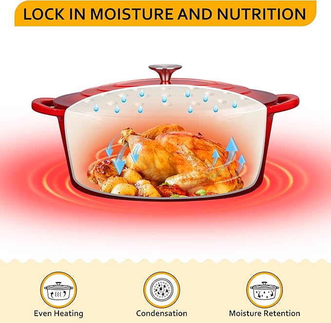 Velaze 7.5 QT Enameled Oval Dutch Oven Pot with Lid, Cast Iron Dutch Oven with Dual Handles for Bread Baking, Cooking, Frying, Non-stick Enamel Coated Cookware (RED)