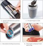 Gravity Electric Pepper and Salt Grinder Set, Adjustable Coarseness, Automatic Shakers Mill Grinder with LED Light, Battery Powered, Upgraded Larger Capacity, One Hand Operated (Sliver 2 Pack)