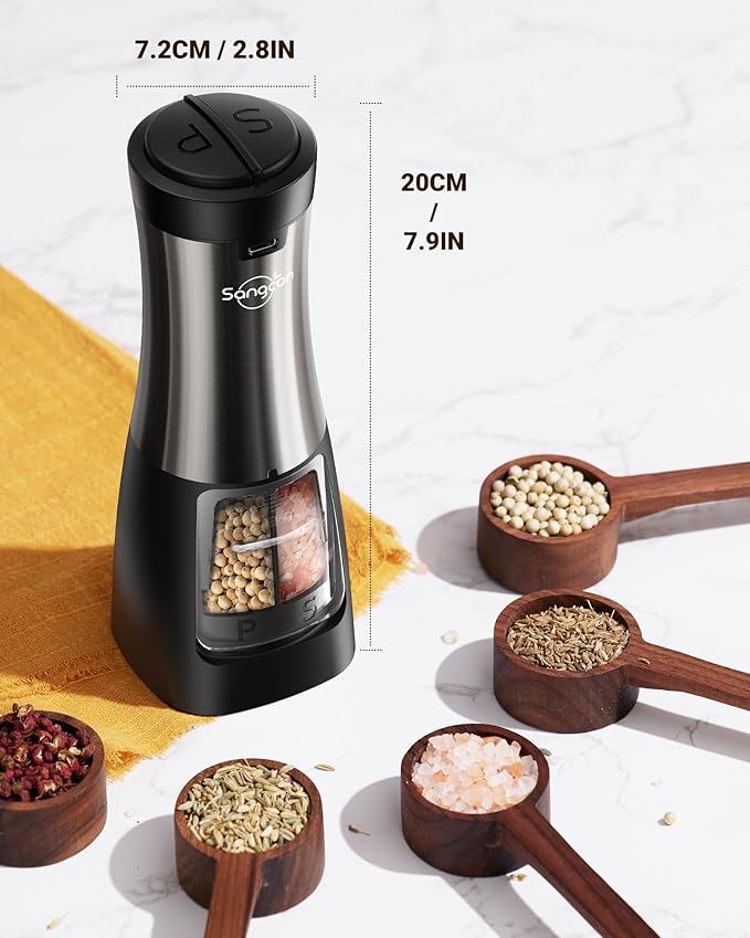 Sangcon Electric Salt and Pepper Grinder Set Shakers 2 IN 1 - USB RECHARGEABLE Salt and Pepper Mill Set All in One, Automatic Refillable Adjustable Coarseness Ceramic Grinder with Light