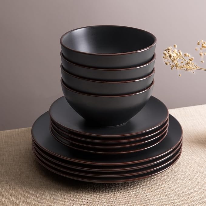 Famiware Venus Plates and Bowls Sets, 18 Pieces Stoneware Dinnerware Sets, Dishes Set for 6, Microwave and Dishwasher Safe, Matte Black
