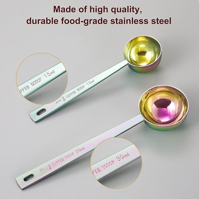Premium coffee scoop set, set of 2, Metal stainless steel long handle coffee scoop, measuring coffee spoons contains 1 tablespoon (15 ml) and 2 tablespoons (30 ml) multicolor spoon