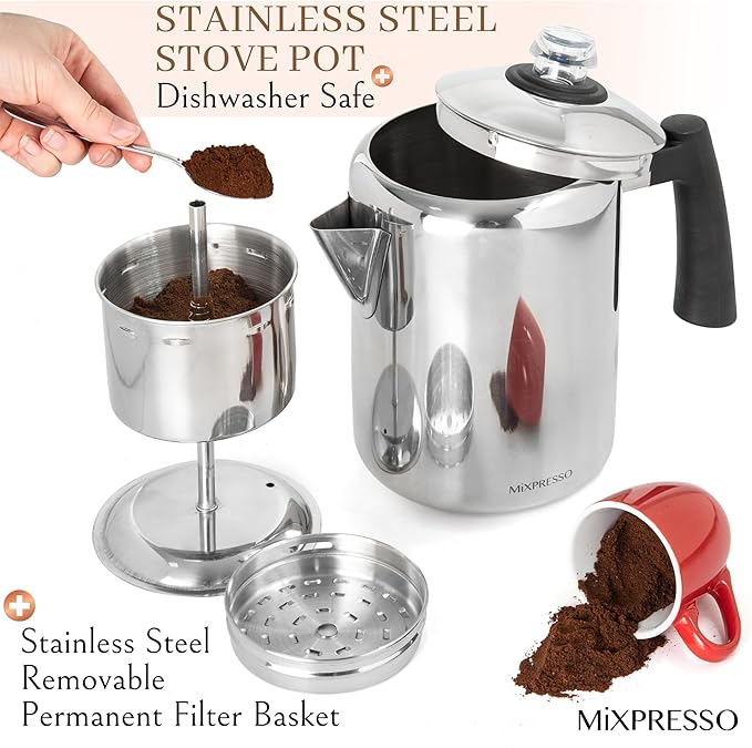 Mixpresso Stainless Steel Coffee Percolator Stovetop, 37oz Classic Percolator Coffee Pot, Great For Camping Pot, 5-8 Cup Stove Top Espresso Maker, Cool-Touch Handle
