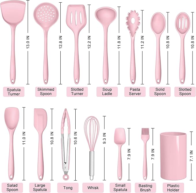 HaWare Kitchen Utensils, 14 PCS Silicone Cooking Utensils Set, Heat Resistant Kitchen Utensils for Non-stick Cookware, Kitchen Gadgets Tools with Spoons, Spatulas, Whisk, Dishwasher Safe (Pink)