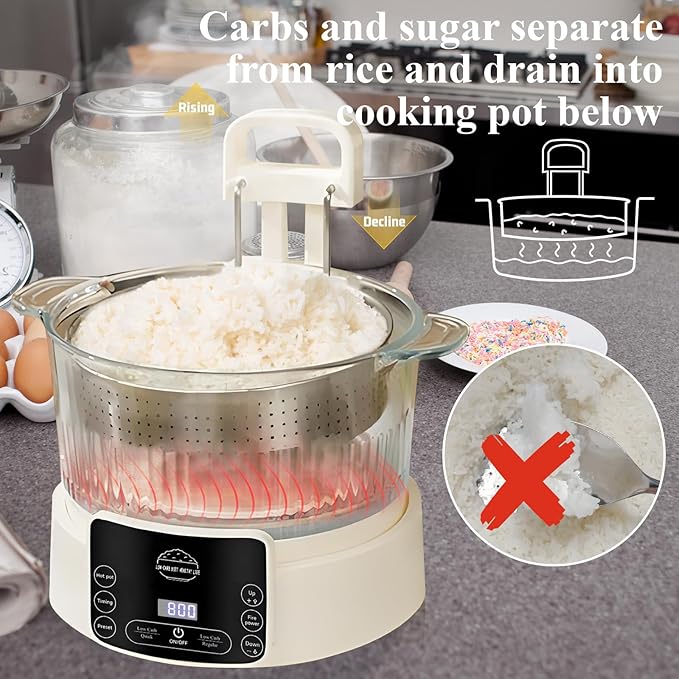 Low Carb Rice Cooker with Reservable-Timable,Low Sugar Multi Functional 3L &2 Cups for Starch Removing Glass Cooker,110v Maximum Power 800w Multi Functional Maker,Liftable Filter Basket (Beige)