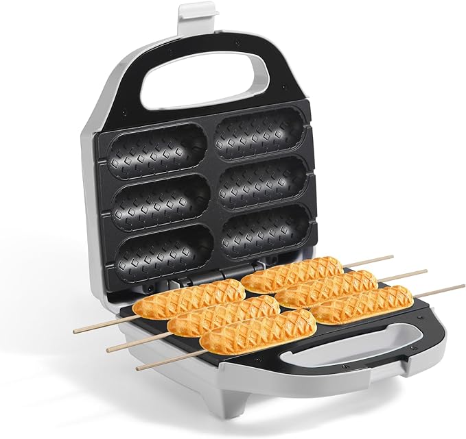 Corn Dog Waffle Maker, Hot Dog Waffle Machine with Non-stick Coating Plate, Hot Dog Maker Toaster Make 6 Corn Dogs, Corn Dog Waffle Machine Make Corn Dog in Minutes, Easy to Clean, White