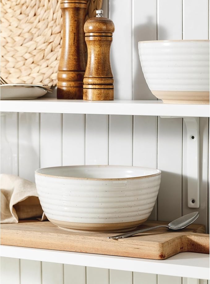 Large Serving Bowls Set of 2, 8 inch & 60 oz Salad Bowl, Bowls for Kitchen, Ceramic Bowl for Salad, Soup, Ramen, Popcorn, Chip, Farmhouse Kitchen Decorative, Vanilla White