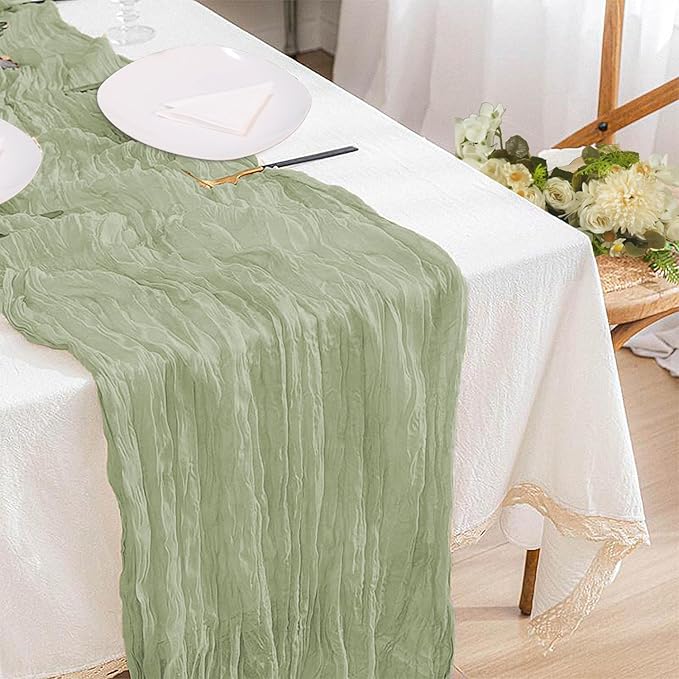 12 Pack Sage Green Cheesecloth Table Runner 10ft Boho Gauze Cheese Cloth Table Runner Rustic Sheer Runner 120 inch Long for Christmas Wedding Bridal Baby Shower Birthday Table Decorations