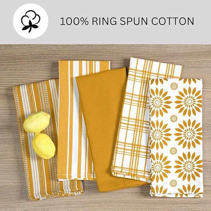 Assorted Kitchen Towels 16x26 Inch 100% Cotton Set of 5 - Dish Cloths Towels with Hanging Loop - Soft Absorbent Washable Tea Towels for Kitchen - Quick Drying Dish Towels Mustard Yellow