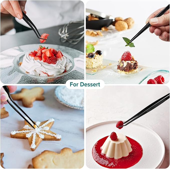 Kitchen Tweezer Tongs Set,6 Pcs Kitchen Tweezers,6.3" Cooking Tweezers Set,Stainless-Steel Food Chef Culinary Tweezers Tongs for Baking Decorating Feeding Plating,Black