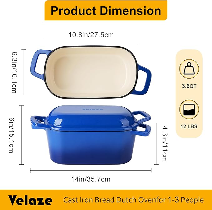 Velaze 3.6QT Dutch Oven for Bread Baking,Oval Cast Iron Enameled Bread Oven Pan with Lid and Offset Handles,Oven Safe to 500°F for Homemade Sourdough Bread(Blue)