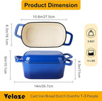 Velaze 3.6QT Dutch Oven for Bread Baking,Oval Cast Iron Enameled Bread Oven Pan with Lid and Offset Handles,Oven Safe to 500°F for Homemade Sourdough Bread(Blue)