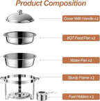 2 Pack Round Chafing Dish Buffet Set,Stainless Steel 8QT Round Buffet Servers and Warmers, Thick Stand Frame Catering Chafe with Mirror Covers,Food Warmer for Party, Weddings,Picnic