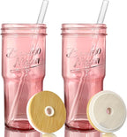 ANOTION Glass Cups with Lids and Straws, 24oz Pink Glass Tumbler Travel Coffee Mug Bamboo Mason Jar Iced Cup Smoothie Tea Clear Cute Water Drinking Jars Glasses