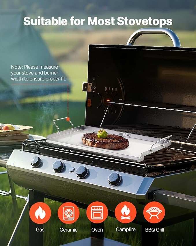 VEVOR Stainless Steel Griddle, 23x16 inch Universal Flat Top Rectangular Plate, Gas Grill Griddle for BBQ Grill, Teppanyaki, Portable Family Cookware with Handle, for Camping Tailgating Party