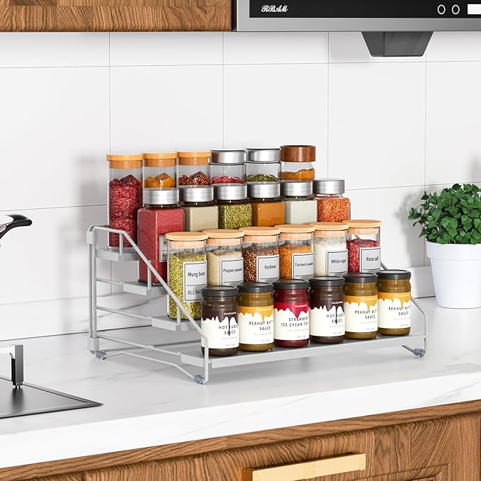 RCHYFEED 4 Tier Spice Rack Organizer, Spice Organization for Cabinet,Pantry, Countertop,Tiered Spice Rack Easy Visibility,Depth Expandable Seasoning Shelf for Kitchen Cabinet Organizer,Silver