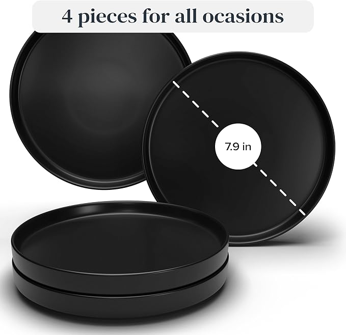 Matte Black Stoneware Dinnerware Set - Stylish Dessert & Appetizer Plates (7.5' Set of 4), Dishwasher & Microwave Safe