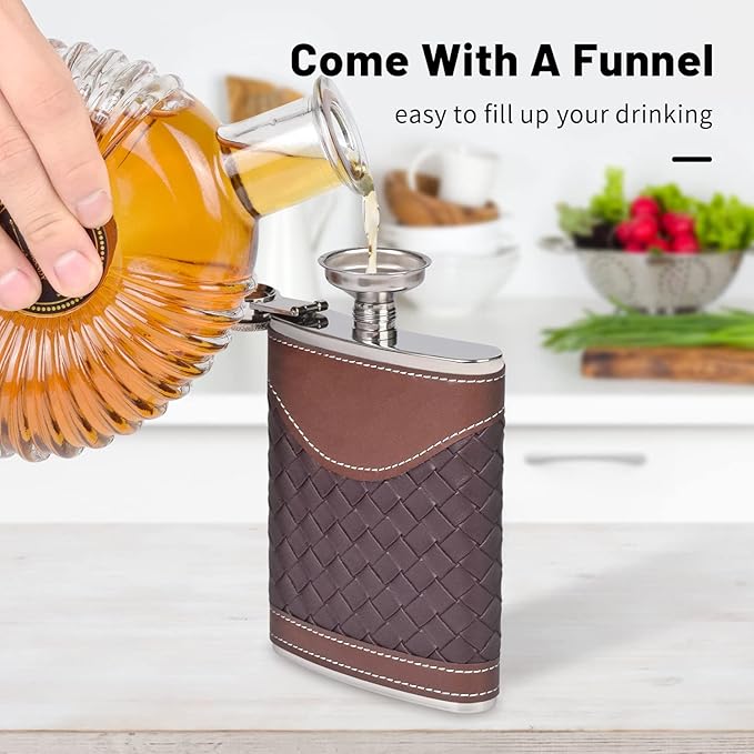Hip Flasks for Men 8oz Leather Flask Gift Set,304 Stainless Steel Flask Set w/Funnel Shot Glasses Lovely Gift for Whiskey Rum Groomsman Best Man Usher Wedding Camping-Leather Stripe Black8oz