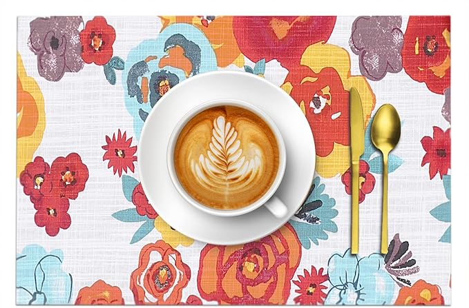 Ruvanti Placemats 100% Cotton 13x19 Inch, Dining Table Placemats Set of 6, Modern Place Mats for Dining Table Decor, Kitchen & Table Linens, Coffee Mat for Christmas Dinners – Multi Flower