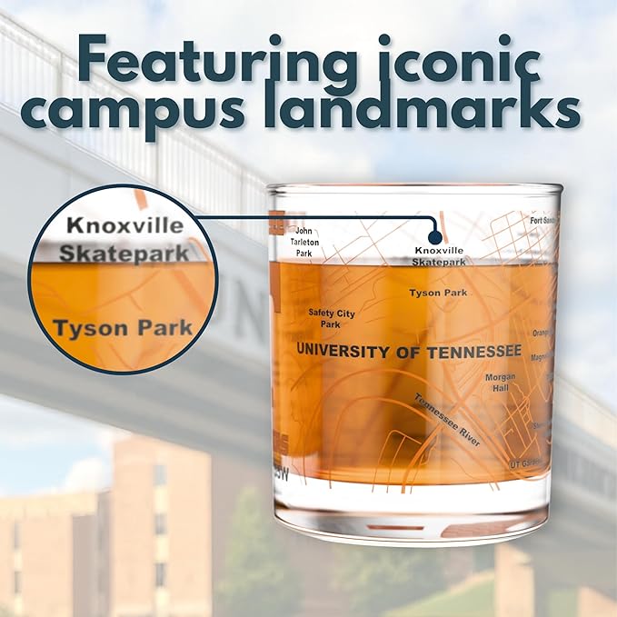 Greenline Goods – University of Tennessee Volunteers College Whiskey Glasses (Set of 2), 10 oz – Full-Color Logo + Campus Map
