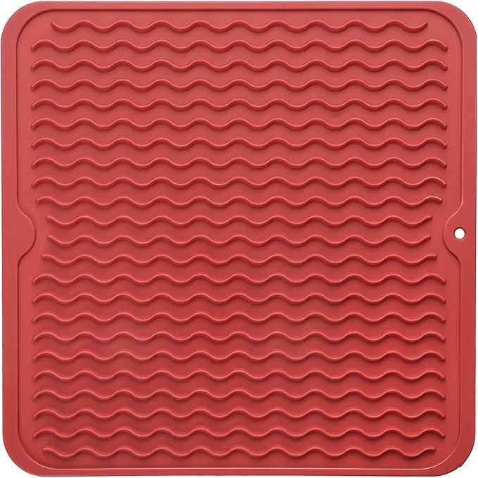 Silicone Dish Drying Mat for Multiple Usage,Easy clean,Eco-friendly,Heat-resistant Silicone Mat for Kitchen Counter or Sink,Refrigerator or Drawer liner Red M 12 inches x 12 inches