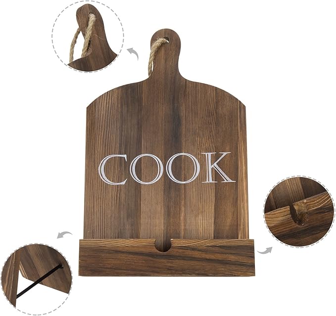 MyGift Cutting Board Brown Wood Cookbook Holder, Paddle Shaped iPad Tablet Easel Holder, Book Recipe Binder Stand with Kickstand and Cook Text Design