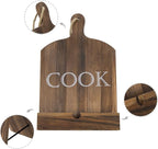 MyGift Cutting Board Brown Wood Cookbook Holder, Paddle Shaped iPad Tablet Easel Holder, Book Recipe Binder Stand with Kickstand and Cook Text Design
