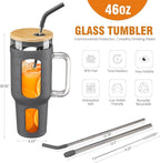 Glass Tumbler with Lid and Straw, 46 oz Iced Coffee Cup with Handle, Large Water Bottles with Silicone Sleeve, Glass Cup with Straws - Pearl Straw & Drinking Straw BPA Free-Grey