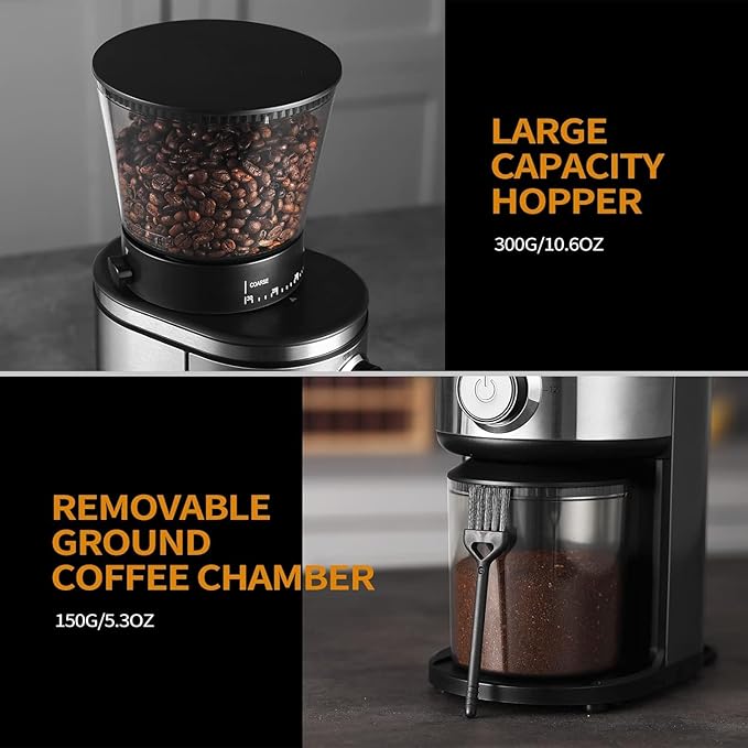 Burr Coffee Grinder, Electric Conical Coffee Bean Grinder With 30 Adjustable Grind Settings For 2-12 Cups, Sliver & Black
